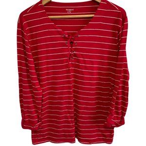Striped 3/4 Sleeve Tops w/ Lace Up Neck Detail x2